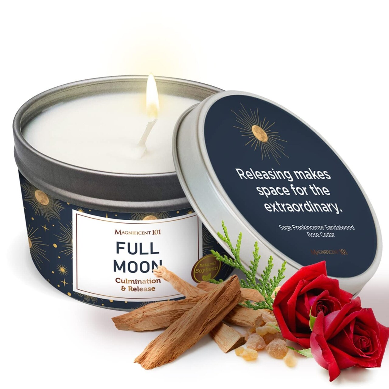 MAGNIFICENT 101 Full Moon Candle Aromatherapy Tin - 6 Oz Rose - Natural Soy Wax - Sage, Frankincense & Sandalwood - 35 Hour Burn - Spiritual Decor